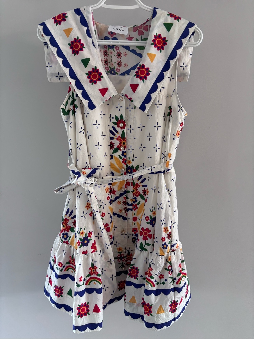 Women' s Cream Floral Sailor-Collar Casual Dress with Belt